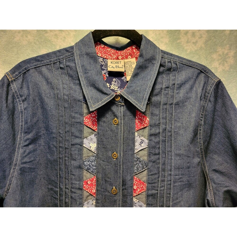 Koret City Blues Shirt Women 16W Denim Button Short Patchwork 80s 90s Bandana